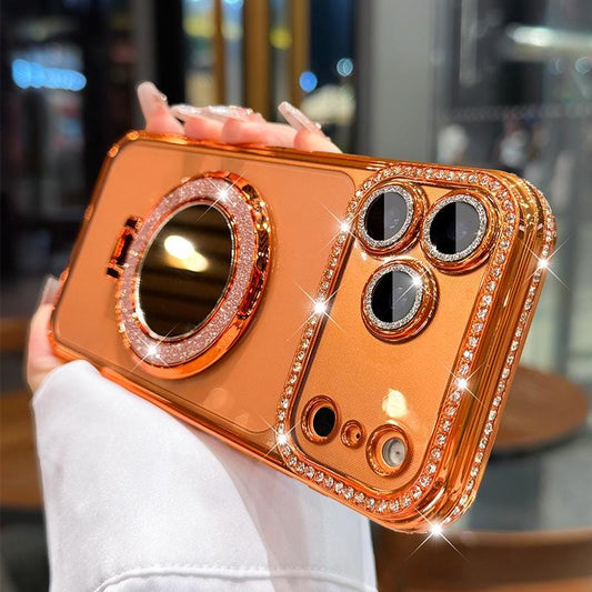 Luxury Rhinestone MagSafe Mirror iPhone 16 Pro Max Case. Glitter Diamond Kickstand Cover. Bling Crystal Makeup Mirror. Glam Gift for Her.