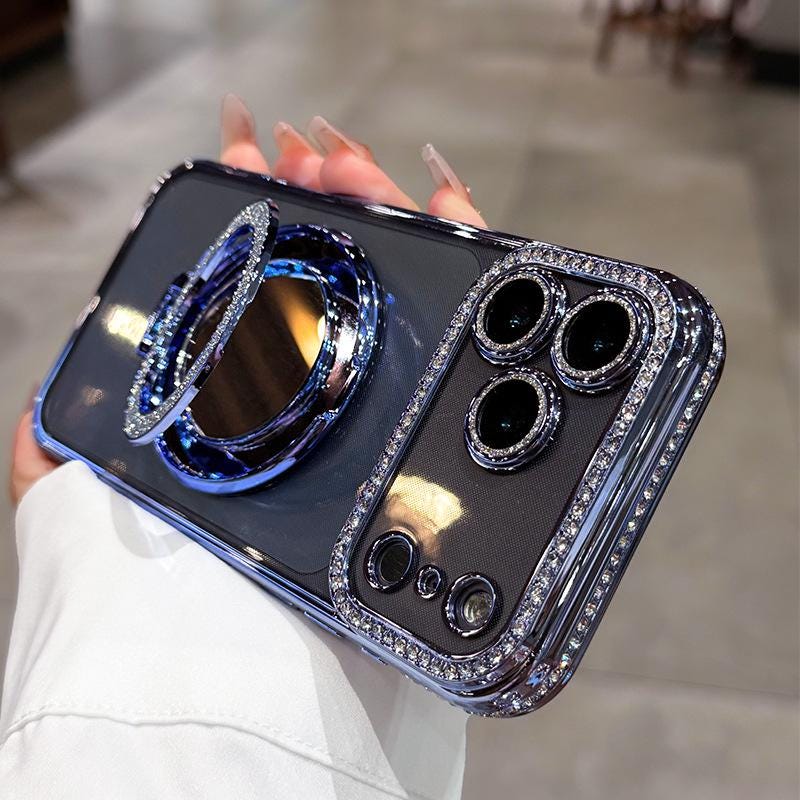 Luxury Rhinestone MagSafe Mirror iPhone 16 Pro Max Case. Glitter Diamond Kickstand Cover. Bling Crystal Makeup Mirror. Glam Gift for Her.