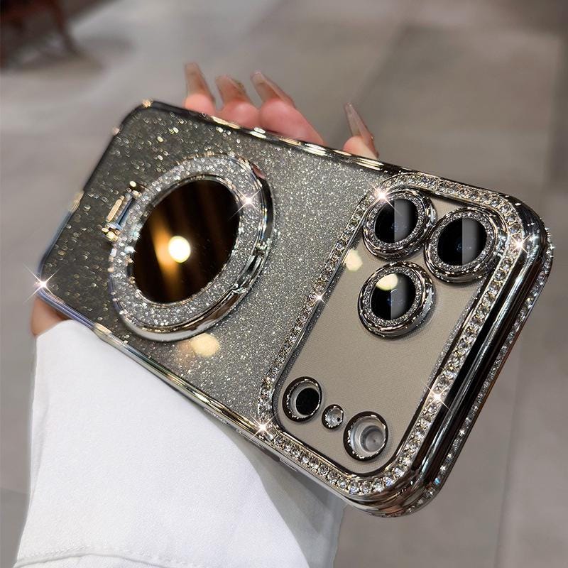 Luxury Rhinestone MagSafe Mirror iPhone 16 Pro Max Case. Glitter Diamond Kickstand Cover. Bling Crystal Makeup Mirror. Glam Gift for Her.