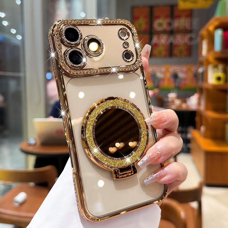 Luxury Rhinestone MagSafe Mirror iPhone 16 Pro Max Case. Glitter Diamond Kickstand Cover. Bling Crystal Makeup Mirror. Glam Gift for Her.