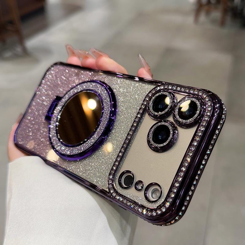 Luxury Rhinestone MagSafe Mirror iPhone 16 Pro Max Case. Glitter Diamond Kickstand Cover. Bling Crystal Makeup Mirror. Glam Gift for Her.