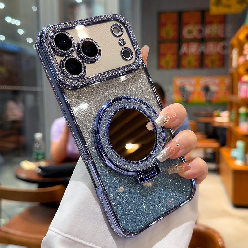Luxury Rhinestone MagSafe Mirror iPhone 16 Pro Max Case. Glitter Diamond Kickstand Cover. Bling Crystal Makeup Mirror. Glam Gift for Her.