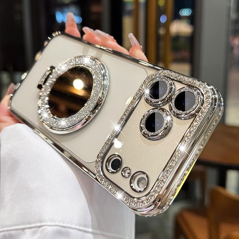 Luxury Rhinestone MagSafe Mirror iPhone 16 Pro Max Case. Glitter Diamond Kickstand Cover. Bling Crystal Makeup Mirror. Glam Gift for Her.