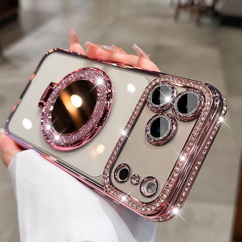 Luxury Rhinestone MagSafe Mirror iPhone 16 Pro Max Case. Glitter Diamond Kickstand Cover. Bling Crystal Makeup Mirror. Glam Gift for Her.