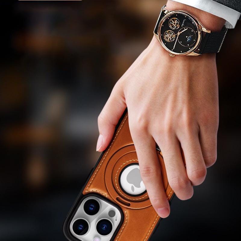 MagSafe Leather iPhone 16 Pro Max Case with Ring Kickstand. Magnetic Business Phone Cover. Logo Cutout Grip Holder. Mens Gift for iPhone 15.