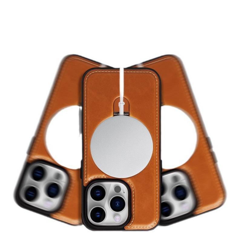 MagSafe Leather iPhone 16 Pro Max Case with Ring Kickstand. Magnetic Business Phone Cover. Logo Cutout Grip Holder. Mens Gift for iPhone 15.