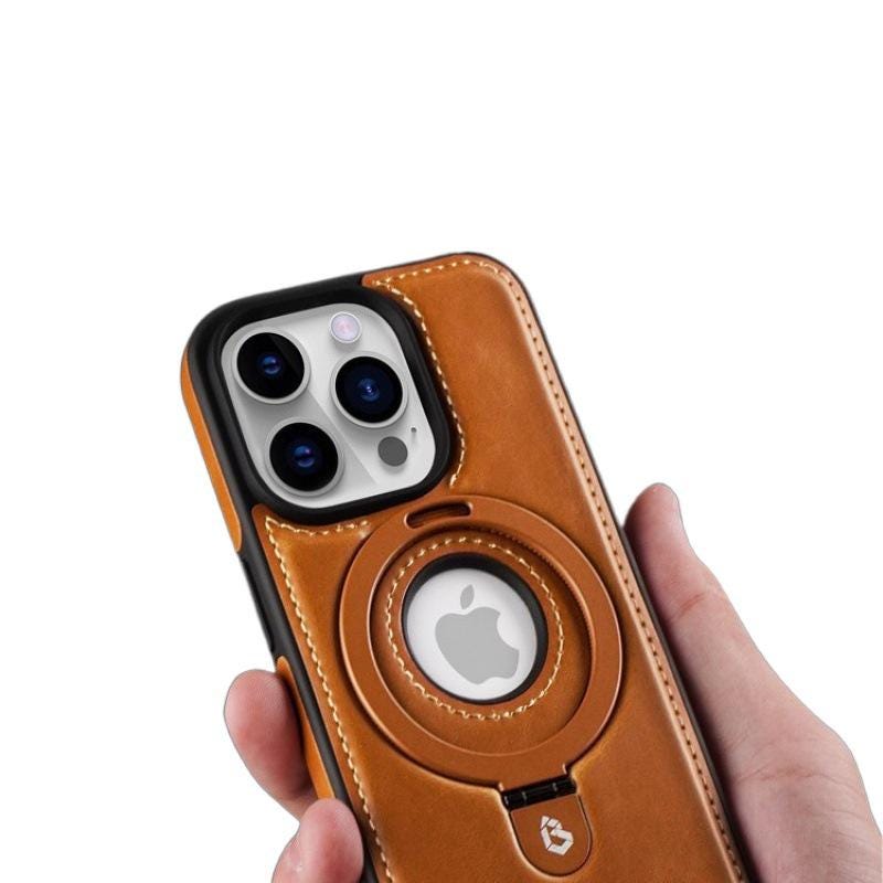 MagSafe Leather iPhone 16 Pro Max Case with Ring Kickstand. Magnetic Business Phone Cover. Logo Cutout Grip Holder. Mens Gift for iPhone 15.