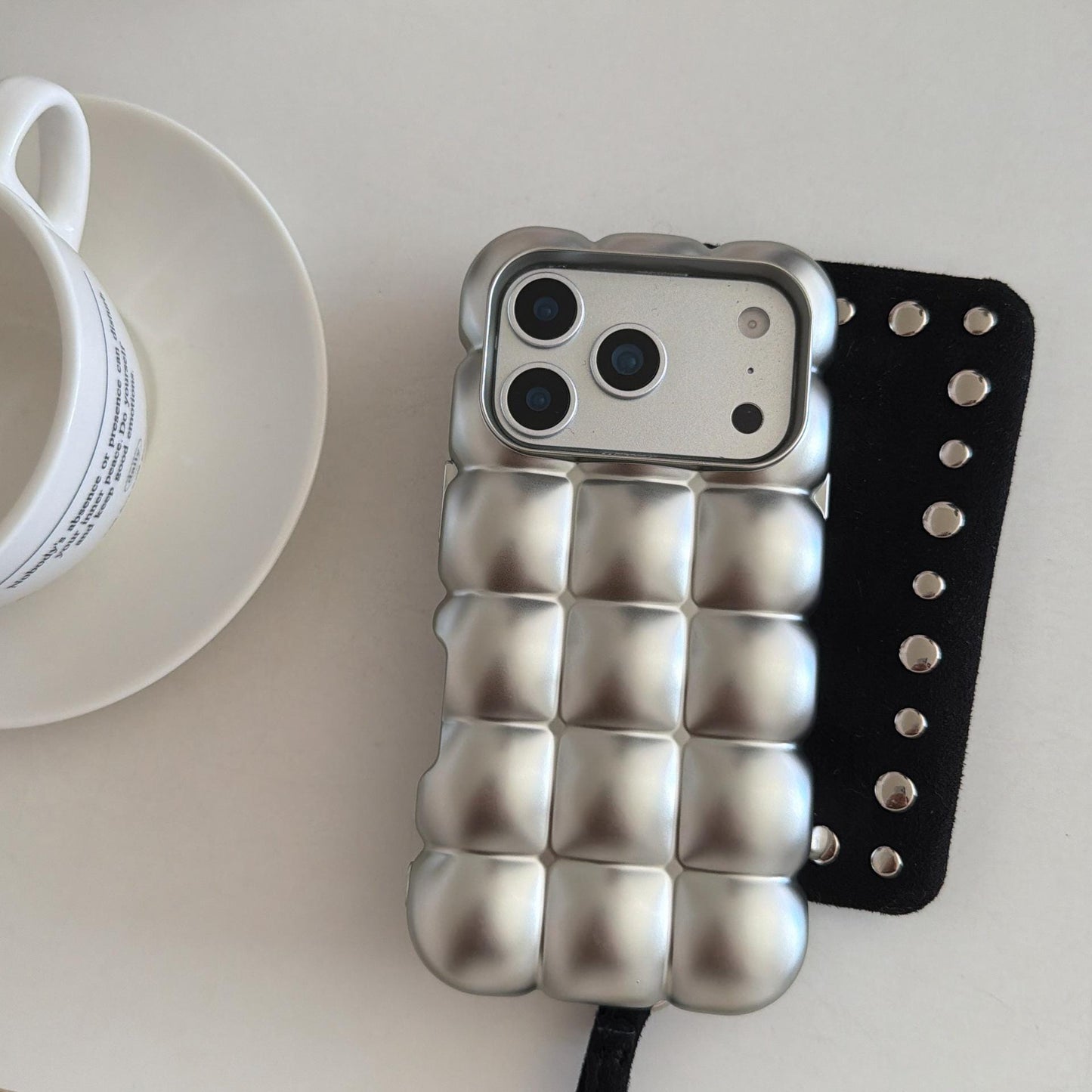 The Puffer Case iPhone 16 Pro Max. Metallic Silver 3D Bubble Cover. Soft Pillow Down Jacket Shell. Y2K Trendy Aesthetic Gift.