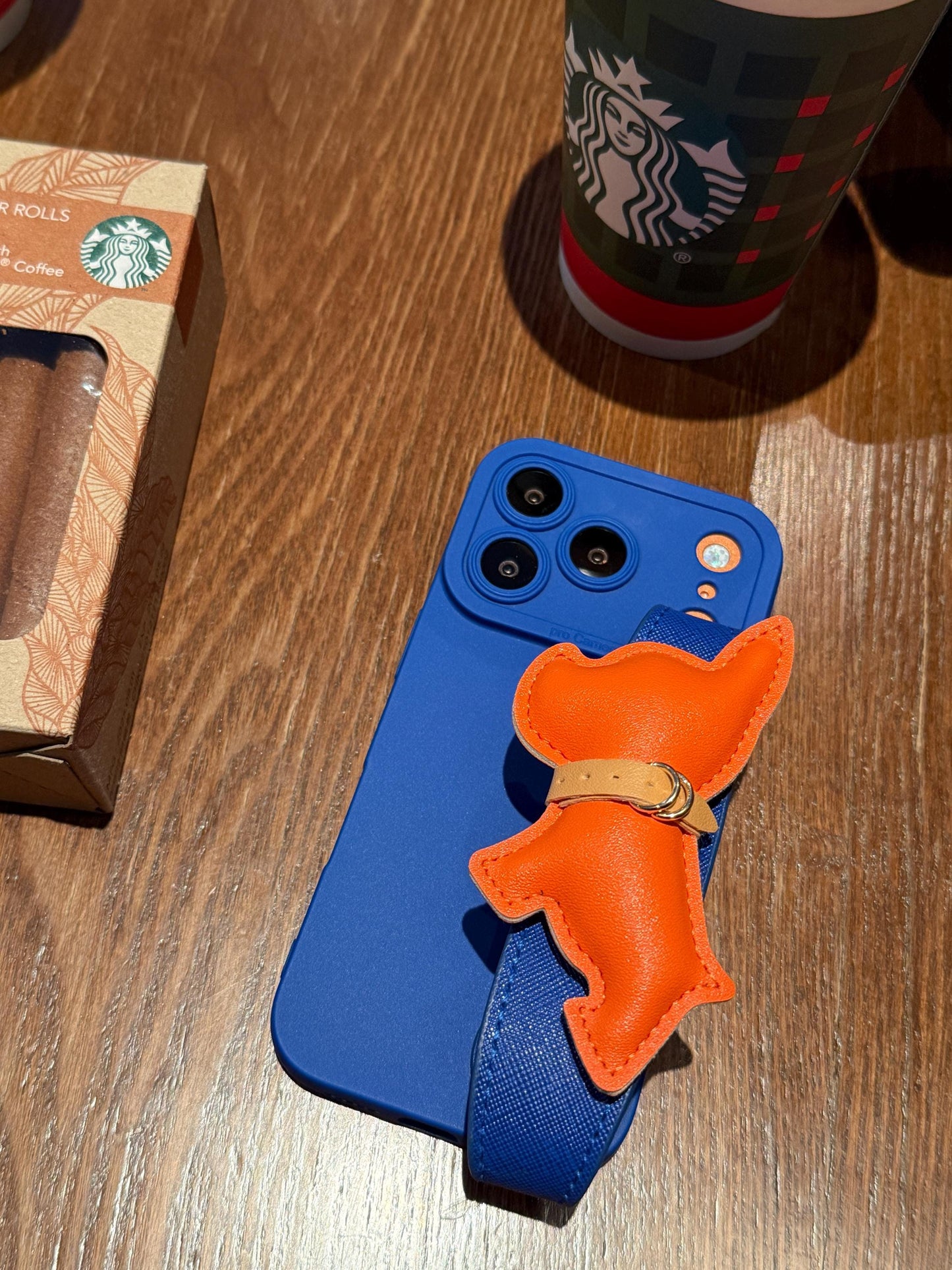 Luxury Orange French Bulldog iPhone 16 Pro Max Case with Wrist Strap. Royal Blue Leather Grip Cover. 3D Puffy Dog Holder. Cute Animal Gift.