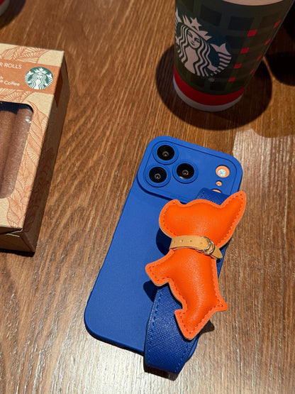 Luxury Orange French Bulldog iPhone 16 Pro Max Case with Wrist Strap. Royal Blue Leather Grip Cover. 3D Puffy Dog Holder. Cute Animal Gift.