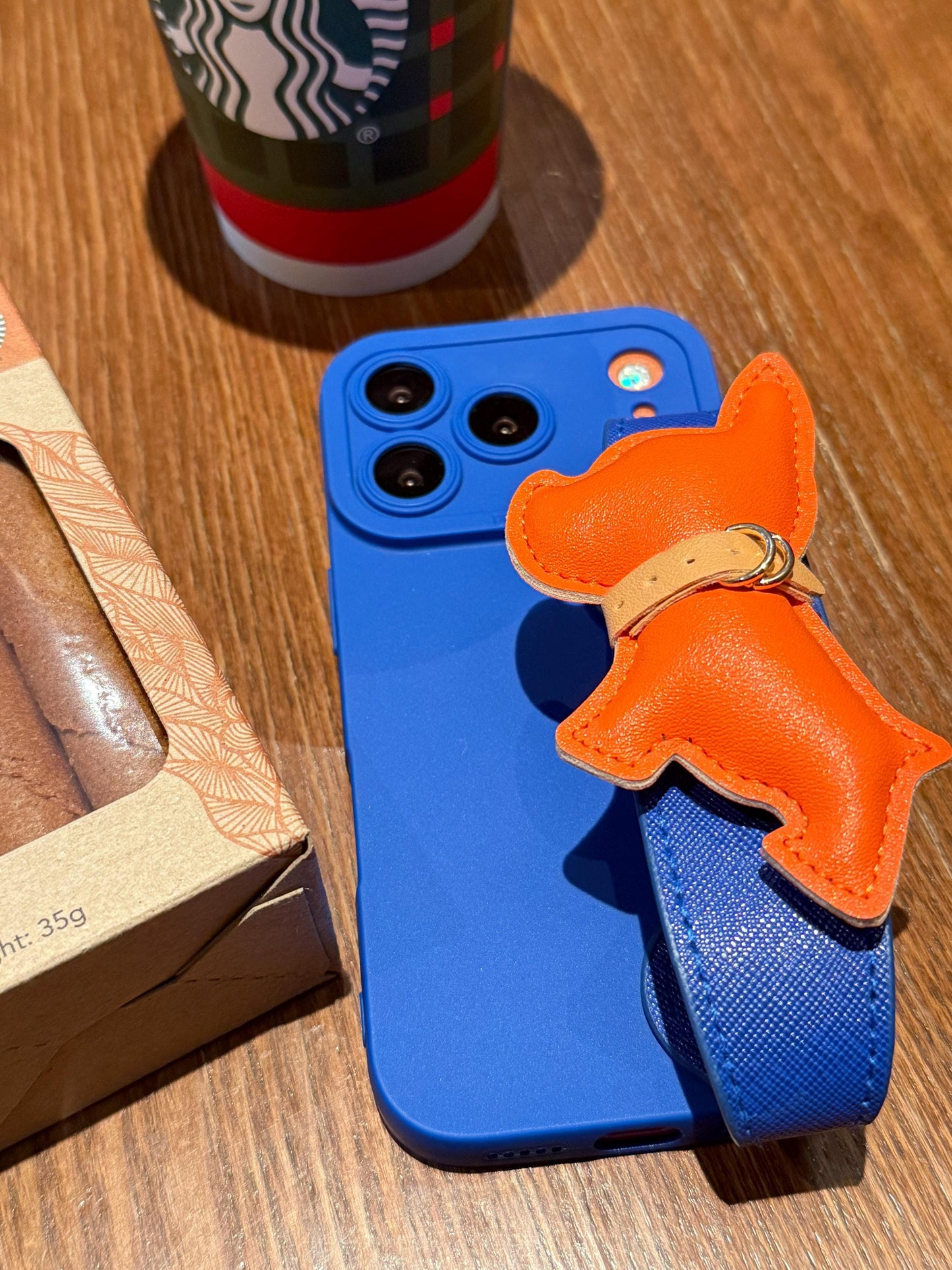 Luxury Orange French Bulldog iPhone 16 Pro Max Case with Wrist Strap. Royal Blue Leather Grip Cover. 3D Puffy Dog Holder. Cute Animal Gift.