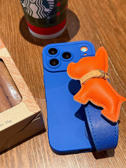 Luxury Orange French Bulldog iPhone 16 Pro Max Case with Wrist Strap. Royal Blue Leather Grip Cover. 3D Puffy Dog Holder. Cute Animal Gift.