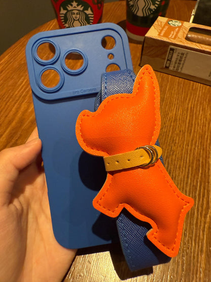 Luxury Orange French Bulldog iPhone 16 Pro Max Case with Wrist Strap. Royal Blue Leather Grip Cover. 3D Puffy Dog Holder. Cute Animal Gift.