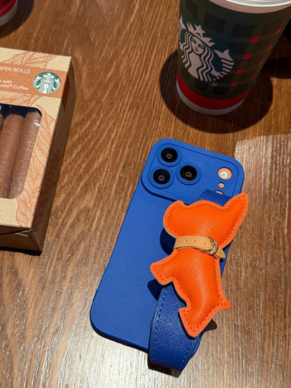 Luxury Orange French Bulldog iPhone 16 Pro Max Case with Wrist Strap. Royal Blue Leather Grip Cover. 3D Puffy Dog Holder. Cute Animal Gift.