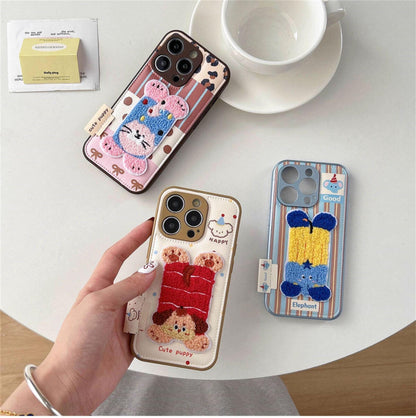 Chenille Handstand Puppy iPhone Case, Kawaii Dog, Cream PU Leather
