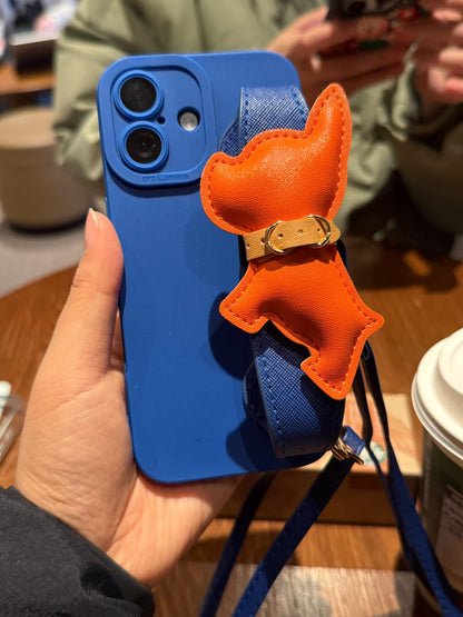 Luxury Orange French Bulldog iPhone 16 Pro Max Case with Wrist Strap. Royal Blue Leather Grip Cover. 3D Puffy Dog Holder. Cute Animal Gift.