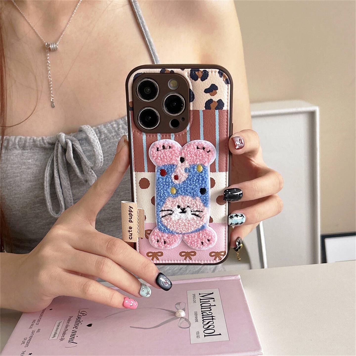 Chenille Handstand Puppy iPhone Case, Kawaii Dog, Cream PU Leather