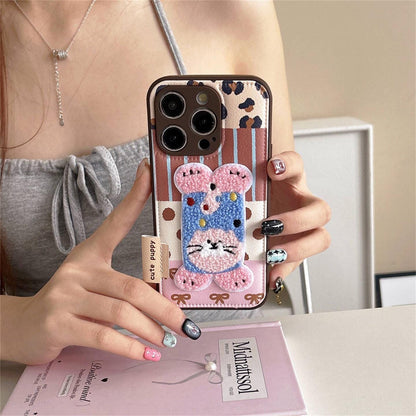 Chenille Handstand Puppy iPhone Case, Kawaii Dog, Cream PU Leather
