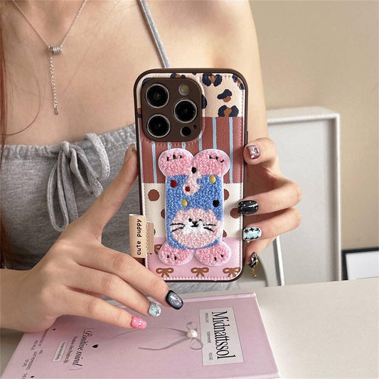 Chenille Handstand Puppy iPhone Case, Kawaii Dog, Cream PU Leather
